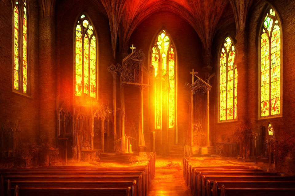 Gothic church interior with stained glass windows and warm golden light