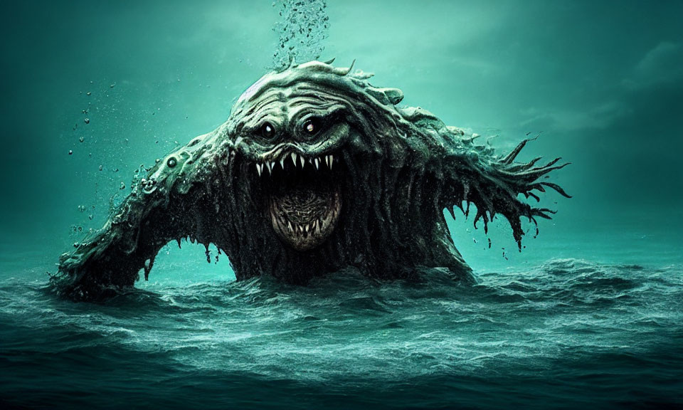 Monstrous sea creature with sharp teeth and tentacles in dark ocean waves