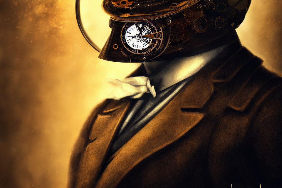 Steampunk-style portrait with mechanical head and vintage attire.