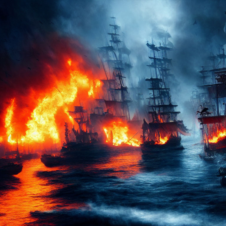 Night-time naval battle: Sailing ships ablaze on turbulent sea