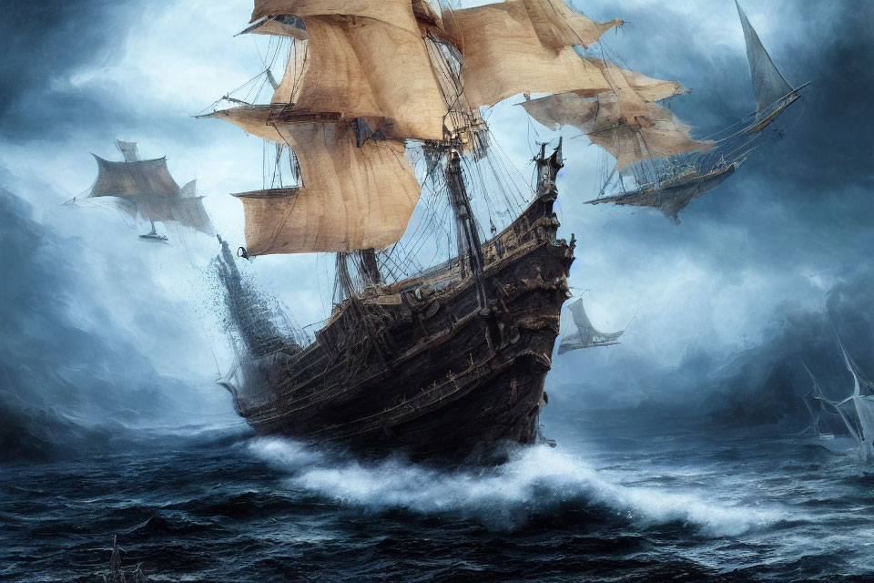 Majestic sailing ship in tumultuous seas with ghostly vessels