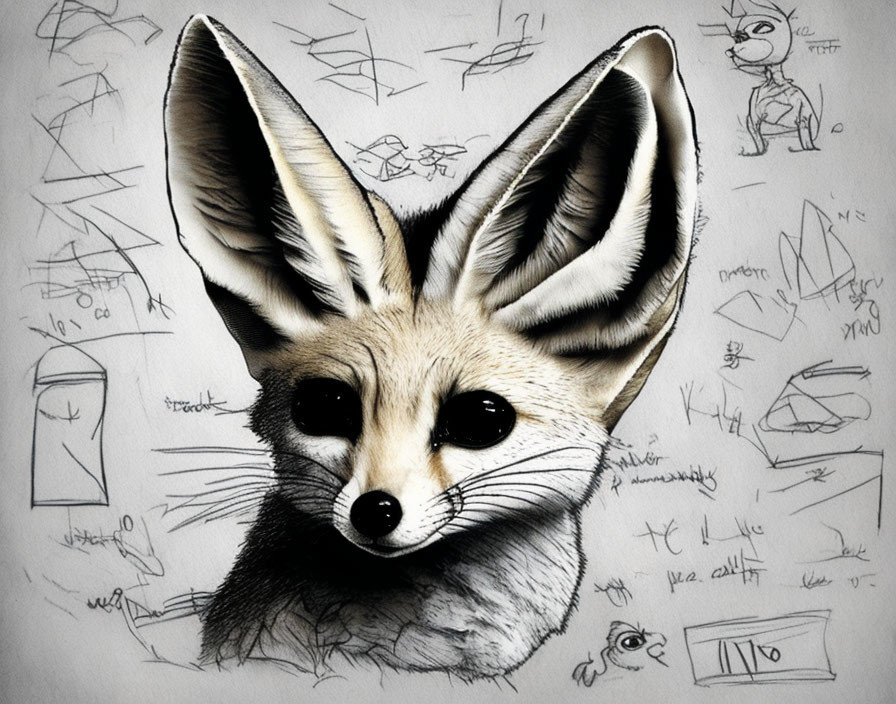 Detailed fennec fox sketch with oversized ears on paper with doodles & shapes