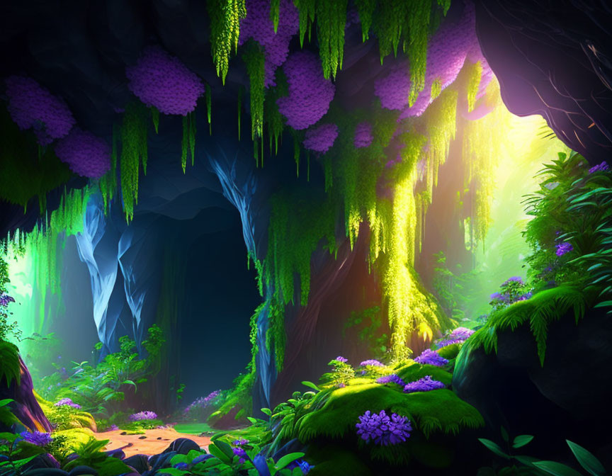 Colorful digital artwork: Cave entrance with lush greenery, purple flora, moss, sunlight beams.