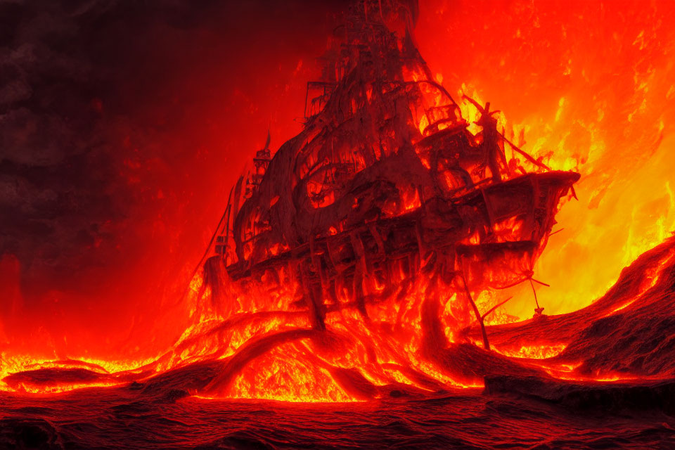 Ship engulfed in flowing lava under crimson sky: apocalyptic scene