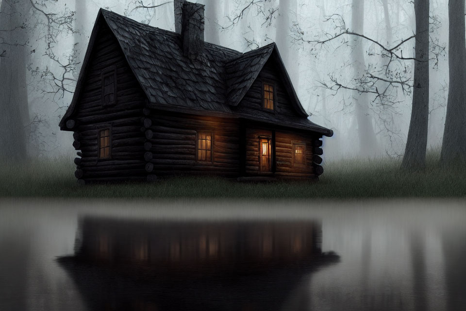 Glowing windows of eerie wooden cabin in misty forest reflection