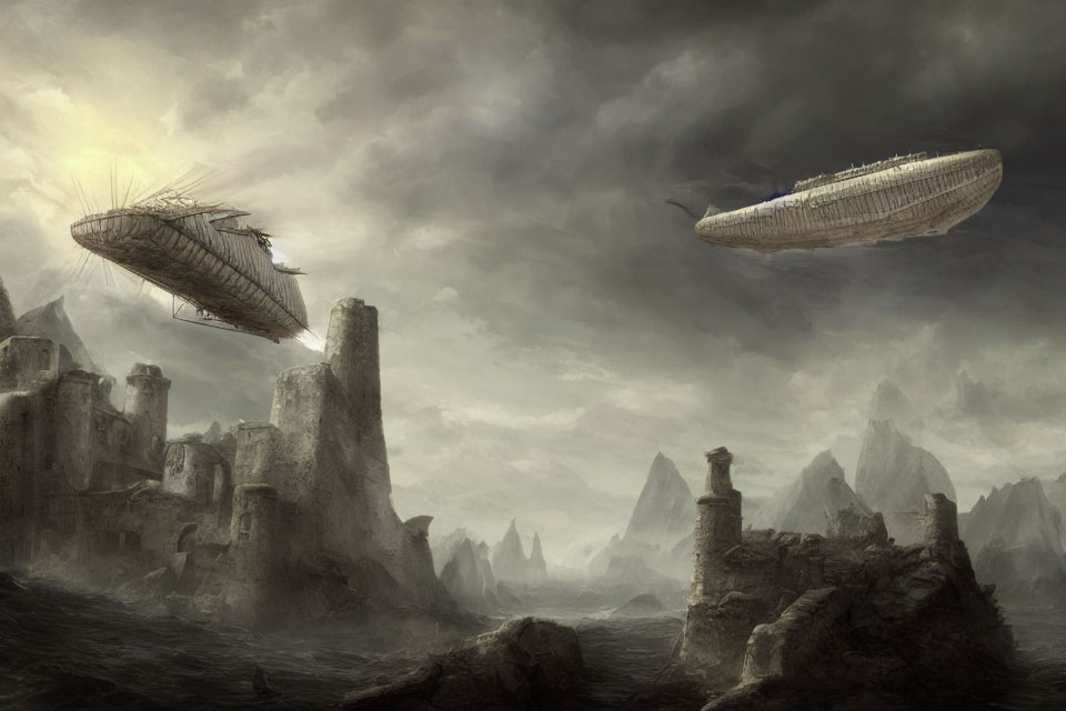 Airships over desolate landscape with ruins and mountains under cloudy sky