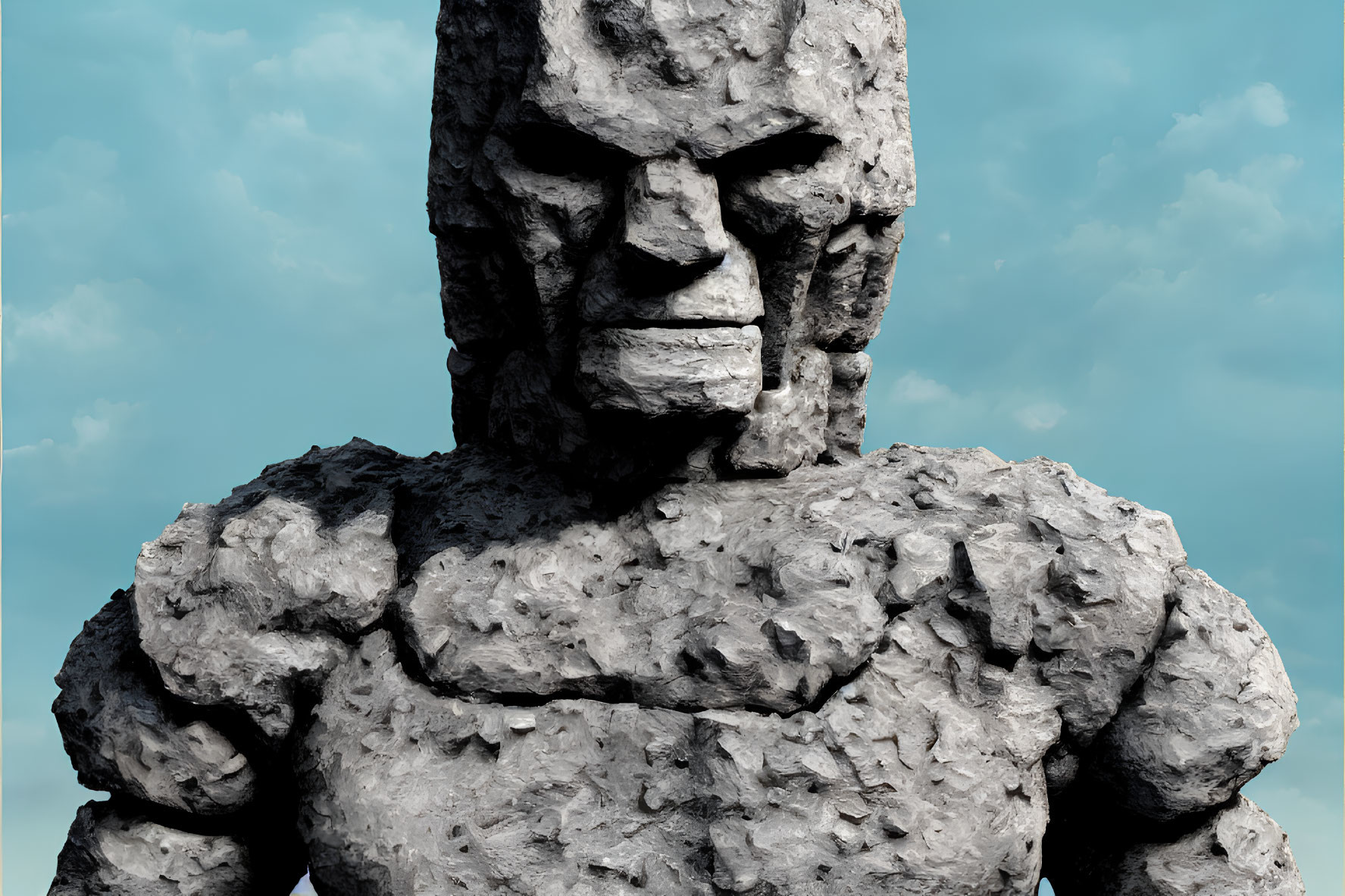 Muscular stone statue with stern face under cloudy sky