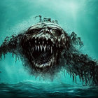 Monstrous sea creature with sharp teeth and tentacles in dark ocean waves