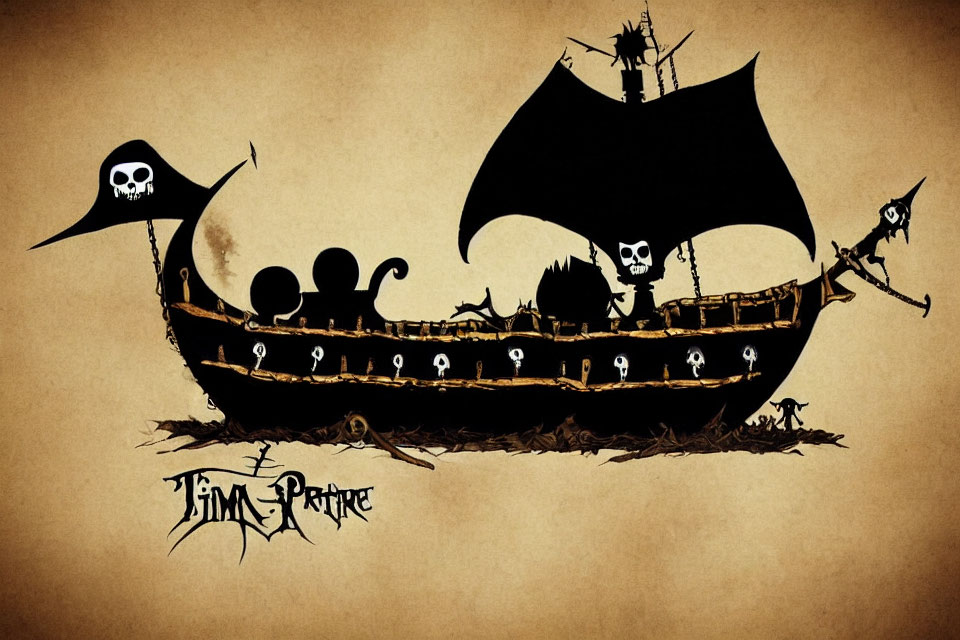 Pirate ship illustration with skull flags and silhouetted pirates on parchment background