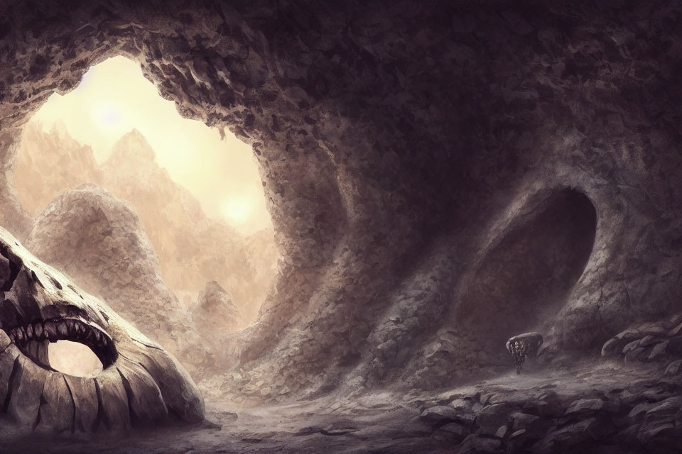 Giant skull in cavernous landscape with rocky terrain