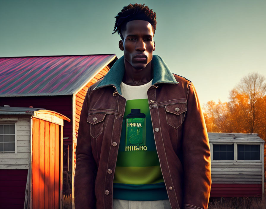 Confident man in brown jacket and green shirt outdoors