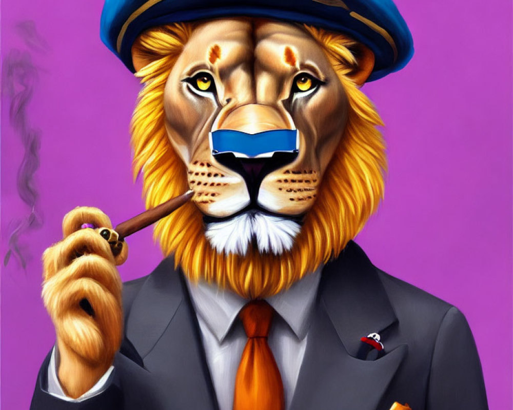 Anthropomorphic Lion in Suit and Beret Smoking Pipe on Purple Background