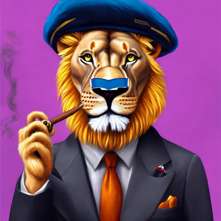 Anthropomorphic Lion in Suit and Beret Smoking Pipe on Purple Background