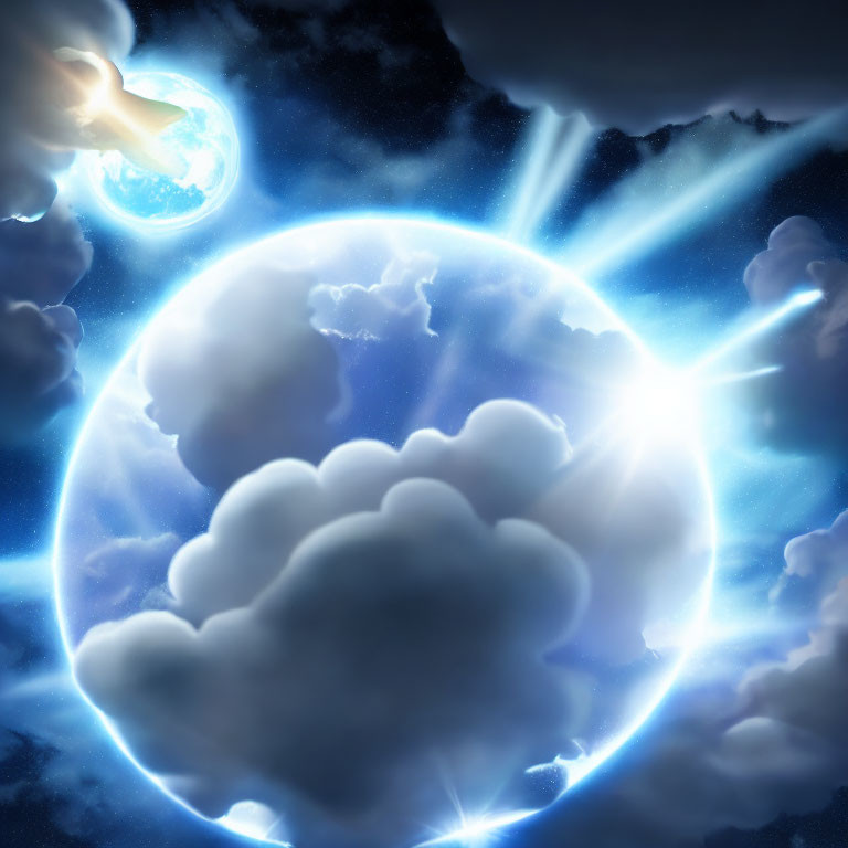 Glowing cloud-covered planet with light beams and fiery comet in space