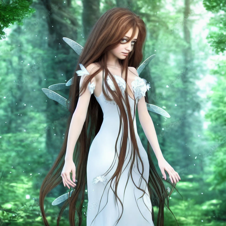 Brown-haired fairy in white gown with translucent wings in sunlit forest