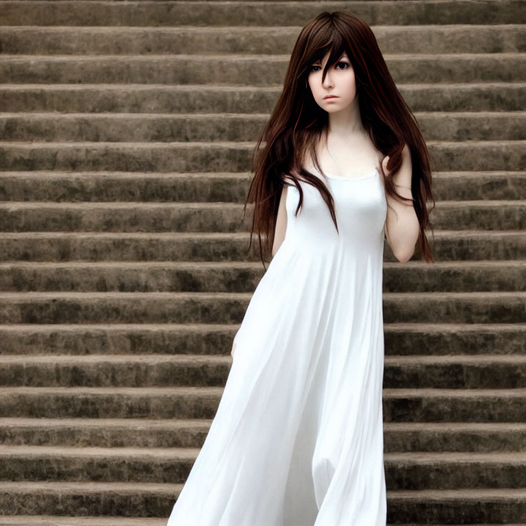 Long-haired person in white dress on stairs with serious expression