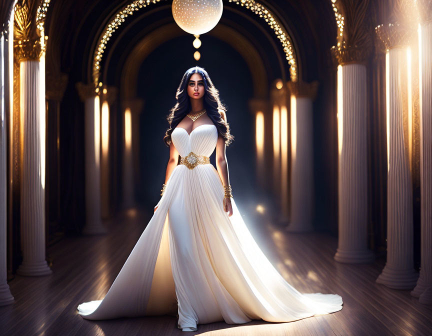 Woman in White Dress with Gold Belt in Grand Hallway