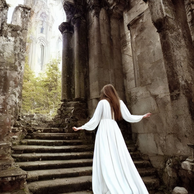 Woman in flowing white dress climbs ancient stone steps among vine-covered ruins