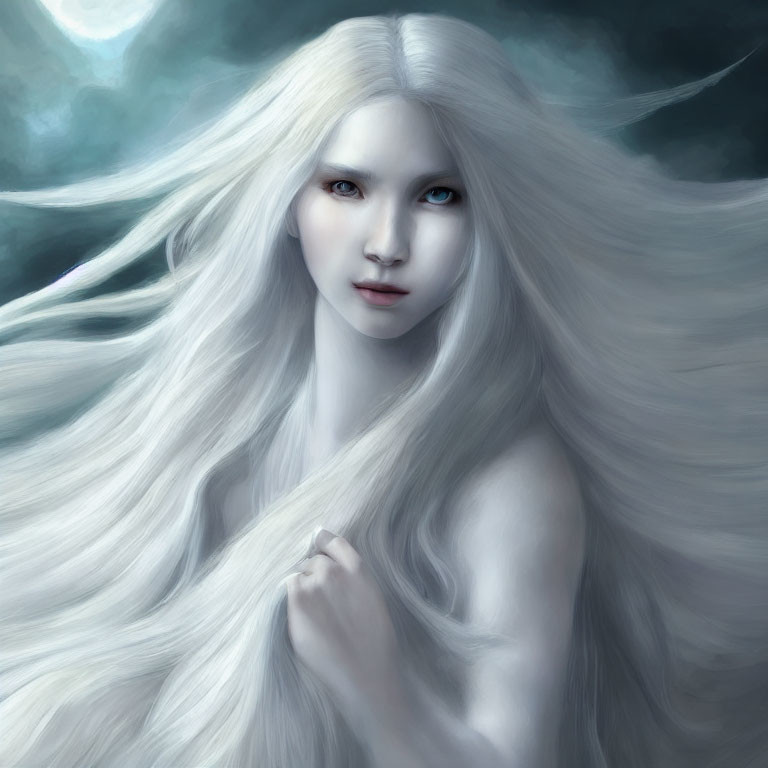 Fantasy illustration of person with long white hair and blue eyes on dark blue background