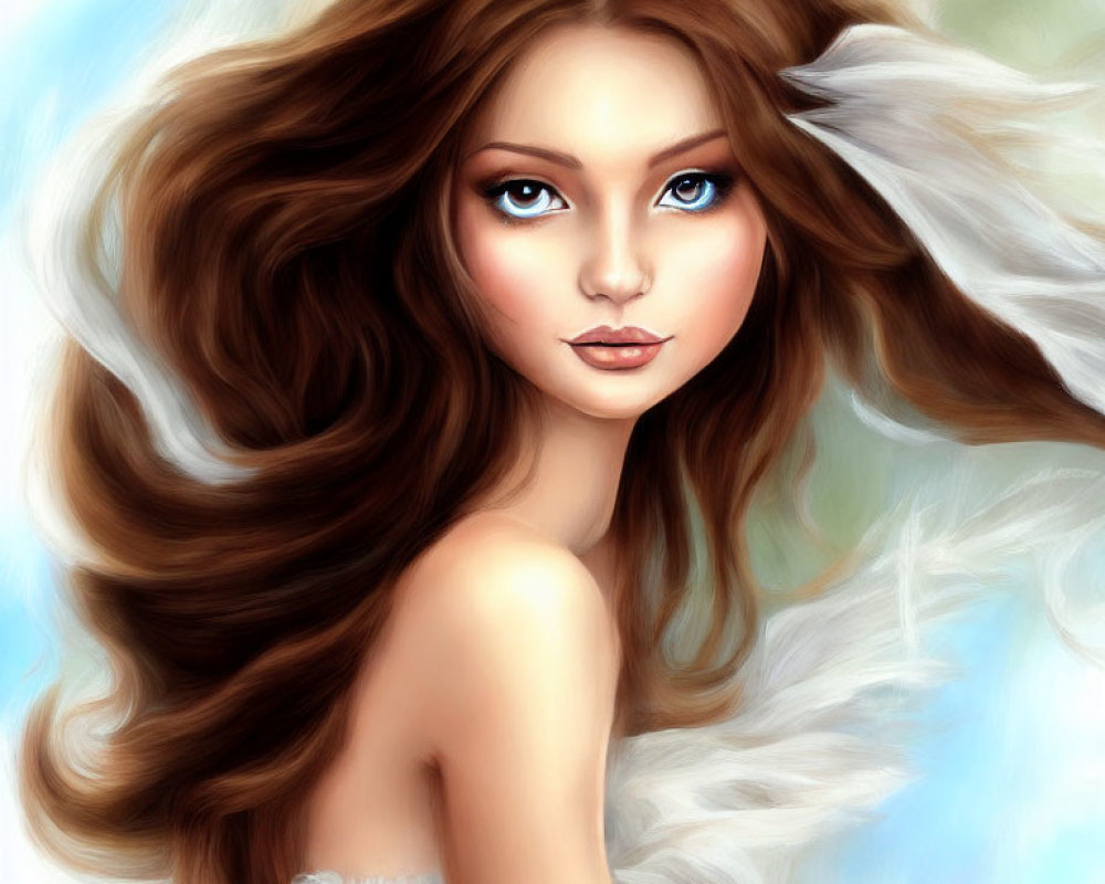 Digital art: Woman with flowing brown hair, blue eyes, and angelic feathers.