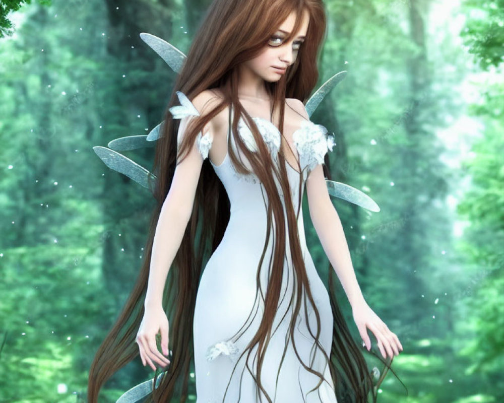 Brown-haired fairy in white gown with translucent wings in sunlit forest