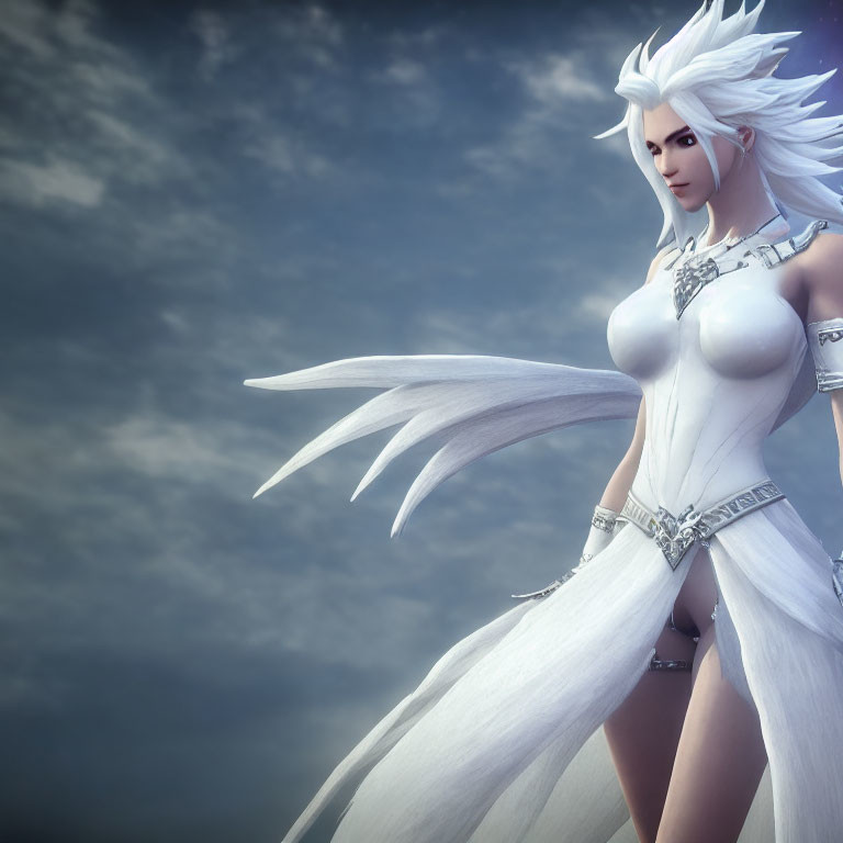 Fantasy female character with white hair and wings in silver armor against moody sky.