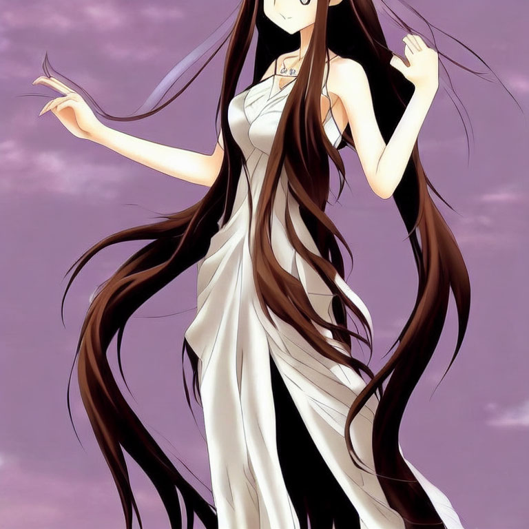 Anime character with long flowing hair in white dress under purple sky