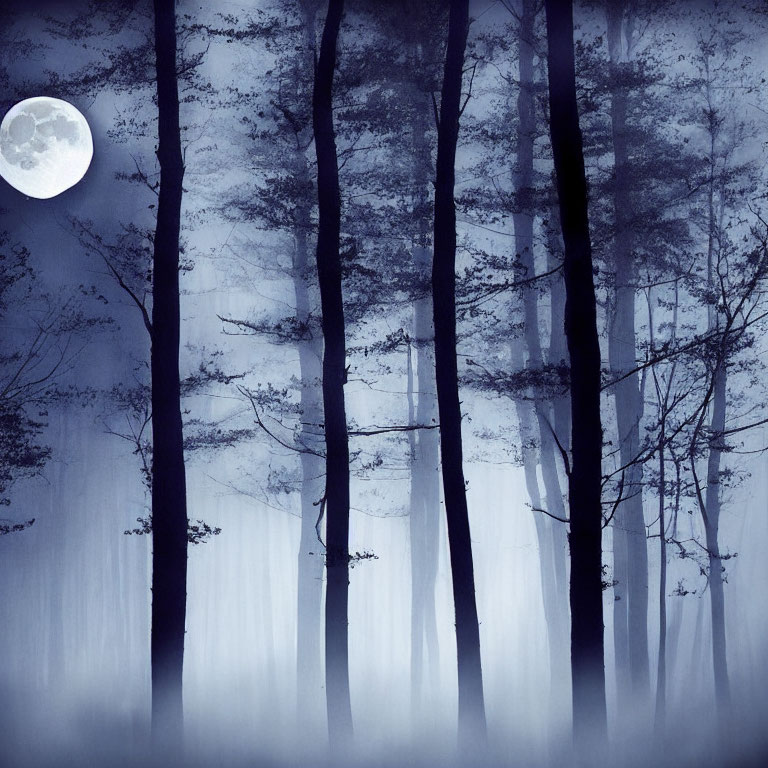 Misty forest night scene with silhouetted trees and full moon