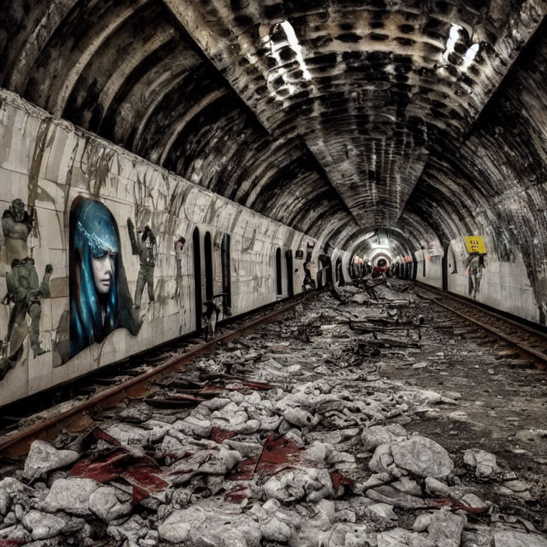 Desolate subway tunnel with graffiti art and debris.