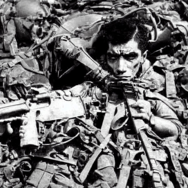 Individual surrounded by guns with serious gaze