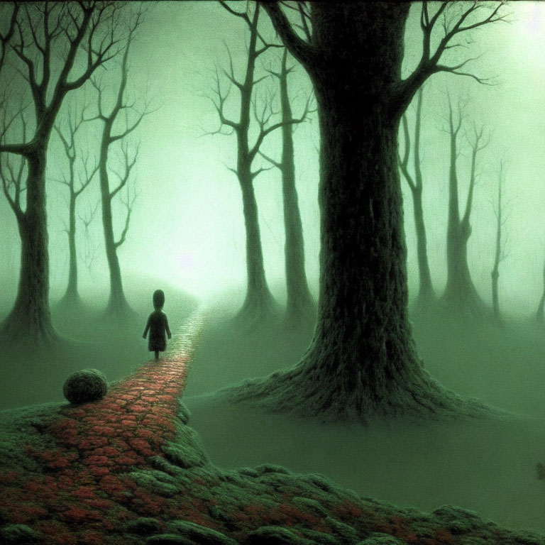 Solitary figure walking on mossy path through misty green forest