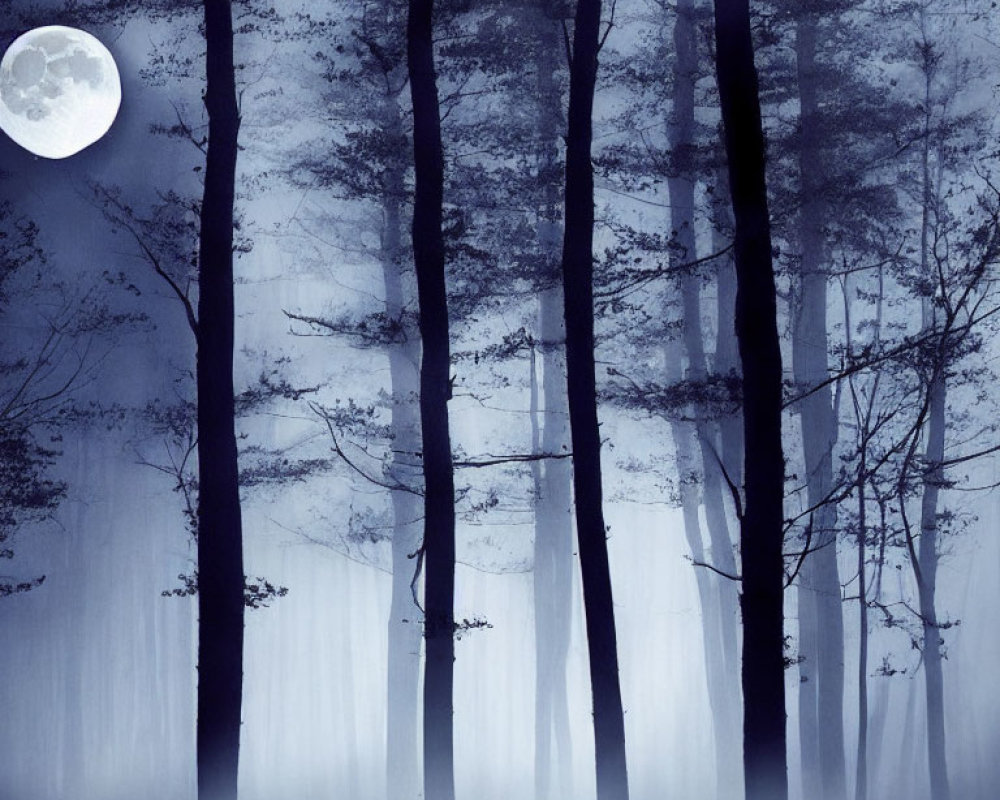 Misty forest night scene with silhouetted trees and full moon