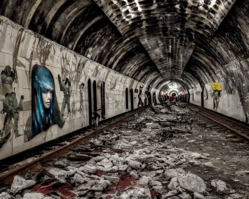 Desolate subway tunnel with graffiti art and debris.