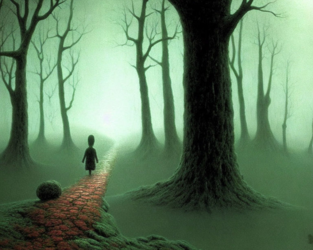 Solitary figure walking on mossy path through misty green forest