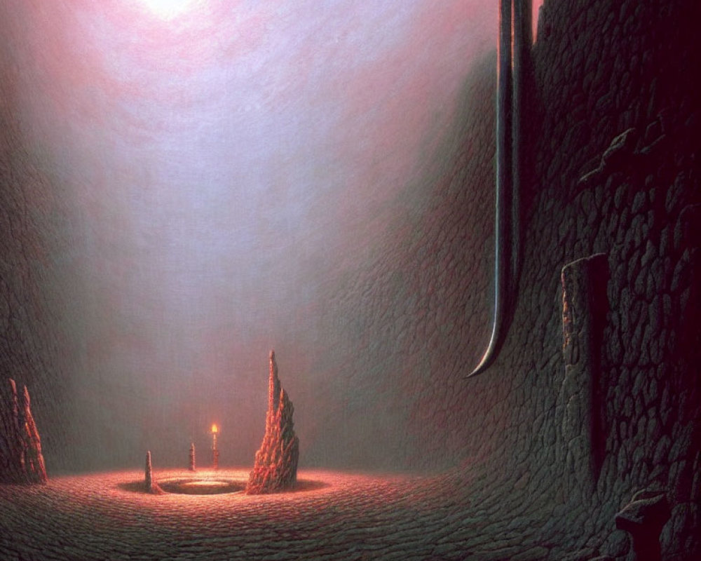 Dimly Lit Room with Stone Table, Candles, and Sword on Wall