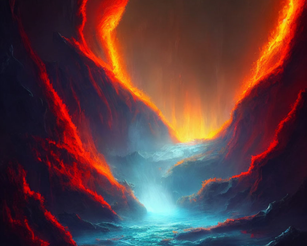 Digital artwork: Fiery volcanic cavern with glowing magma and luminous river