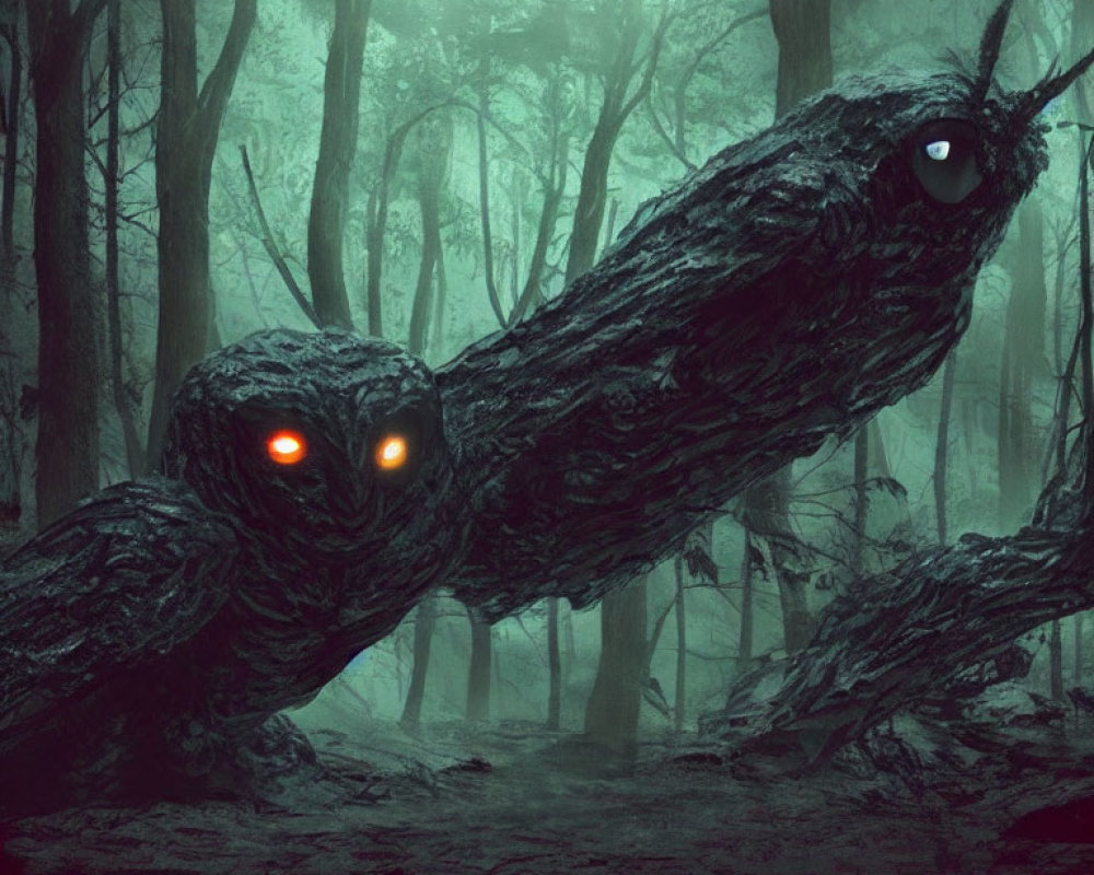 Mystical tree branch creature in misty forest