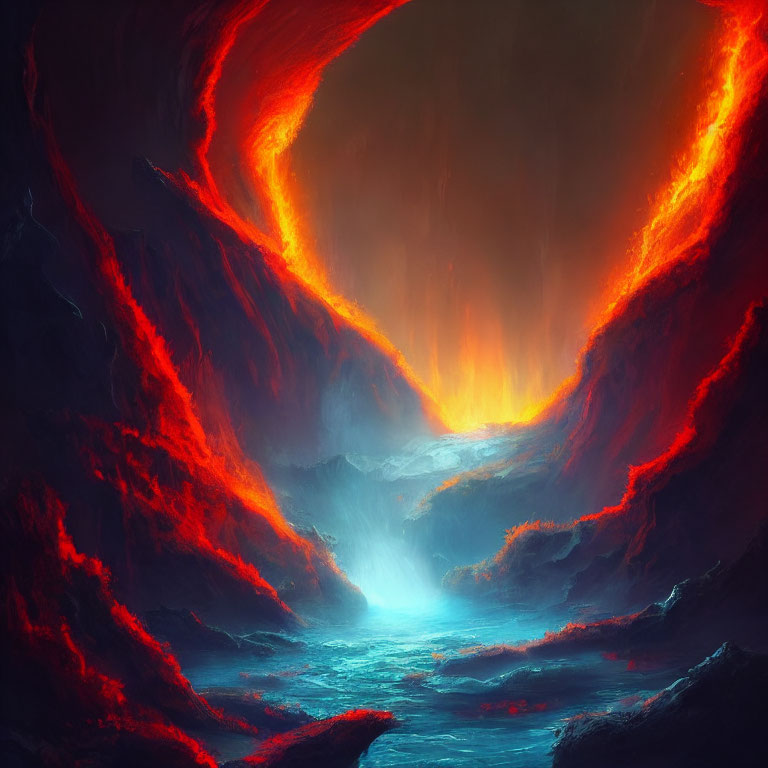 Digital artwork: Fiery volcanic cavern with glowing magma and luminous river