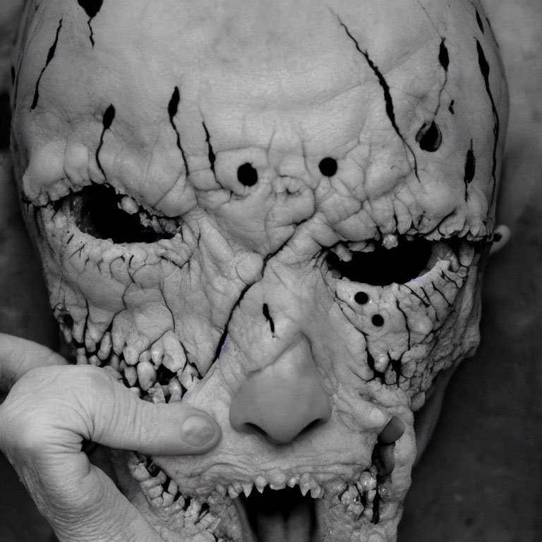 Detailed Monster Mask with Multiple Eye Sockets and Fangs in Monochrome