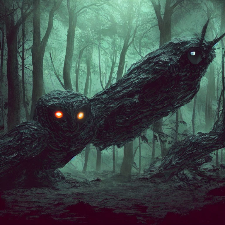 Mystical tree branch creature in misty forest