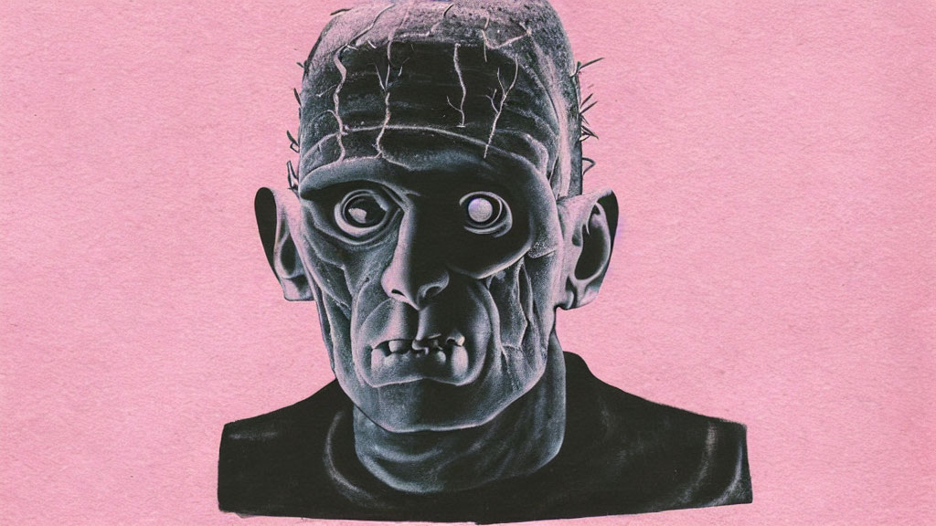 Classic Frankenstein's Monster Illustration: Bolts, Stitches, Grim Expression on Pink Background