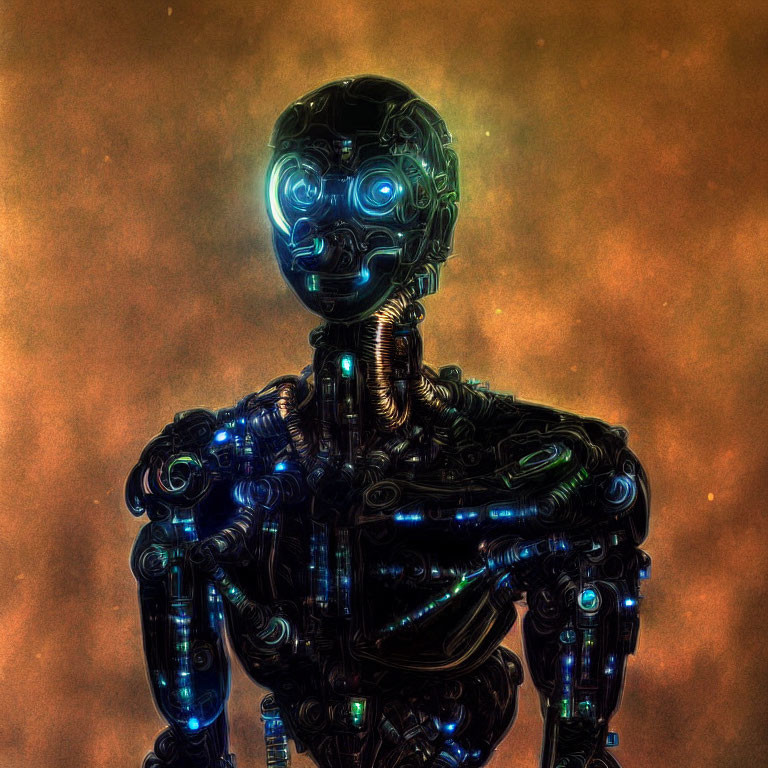 Detailed humanoid robot illustration with intricate circuitry and glowing blue lights on warm amber backdrop