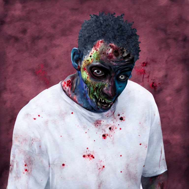 Blue-skinned person in zombie makeup with blood effects on a maroon background
