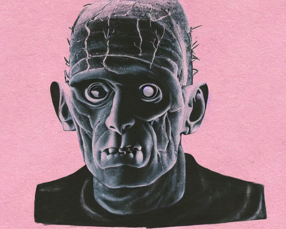Classic Frankenstein's Monster Illustration: Bolts, Stitches, Grim Expression on Pink Background