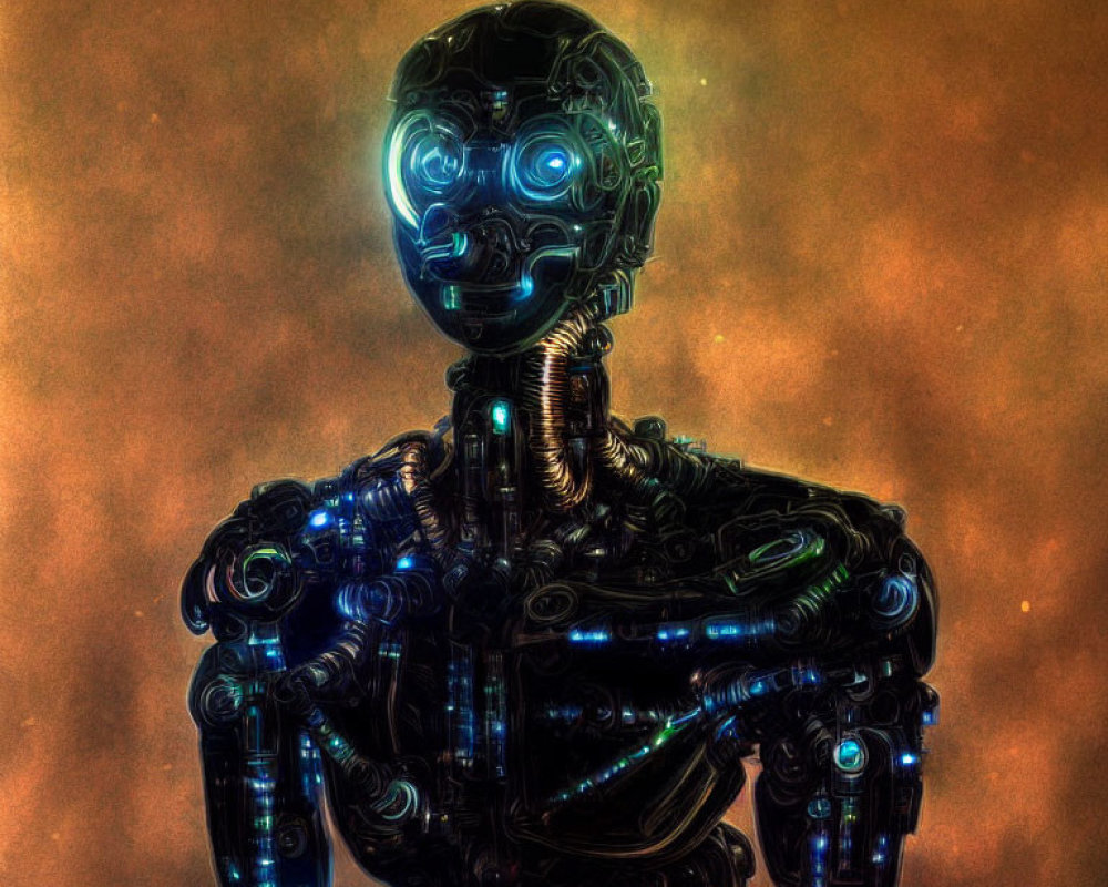 Detailed humanoid robot illustration with intricate circuitry and glowing blue lights on warm amber backdrop