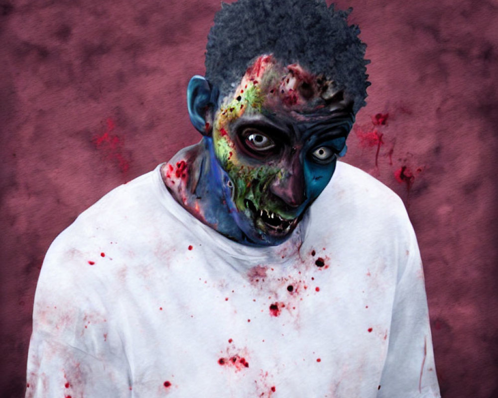 Blue-skinned person in zombie makeup with blood effects on a maroon background