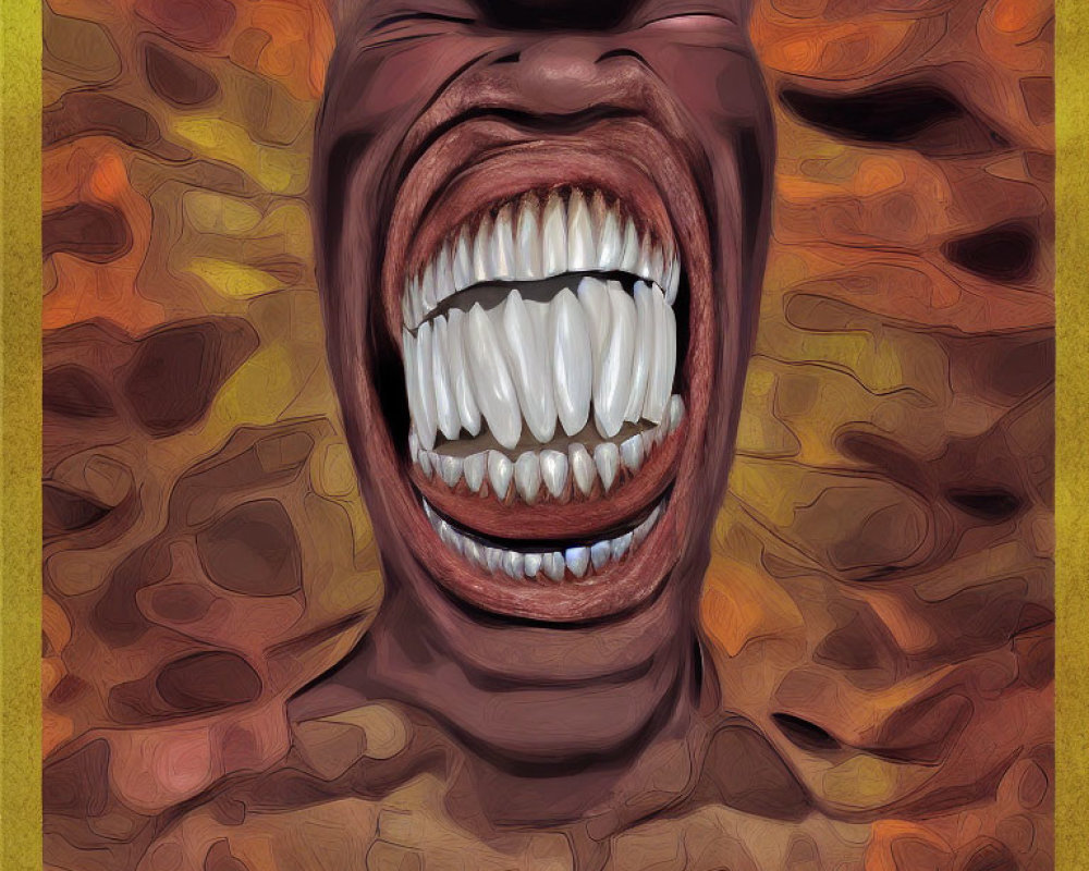 Vivid abstract image of open mouth with white teeth on yellow background