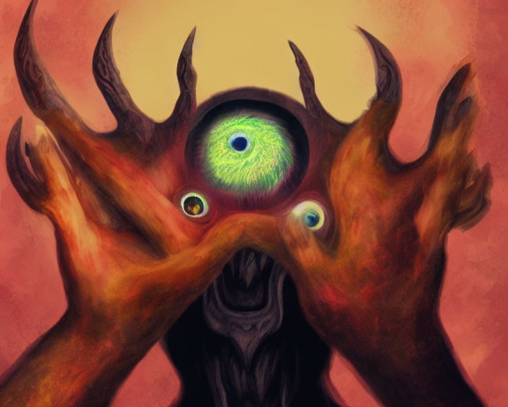 Surreal illustration of charred hands framing a vibrant eye in fiery sky
