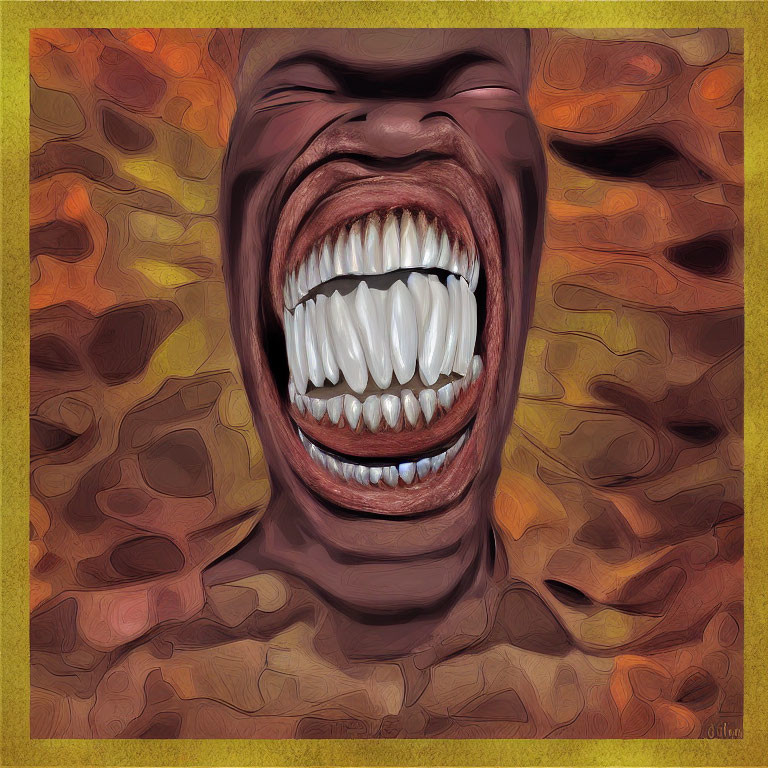 Vivid abstract image of open mouth with white teeth on yellow background