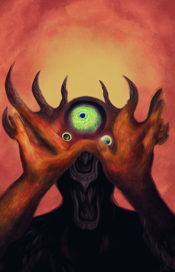 Surreal illustration of charred hands framing a vibrant eye in fiery sky